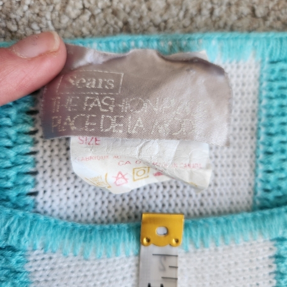 80s Vintage SEARS Teal and White Women's Knit Top 3/4 Length Sleeve Sweater - Picture 11 of 12